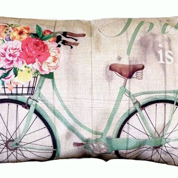 12"x20" Linen Spring is in the Air Flower Basket Bicycle Throw Pillow Cover New - Picture 3 of 4